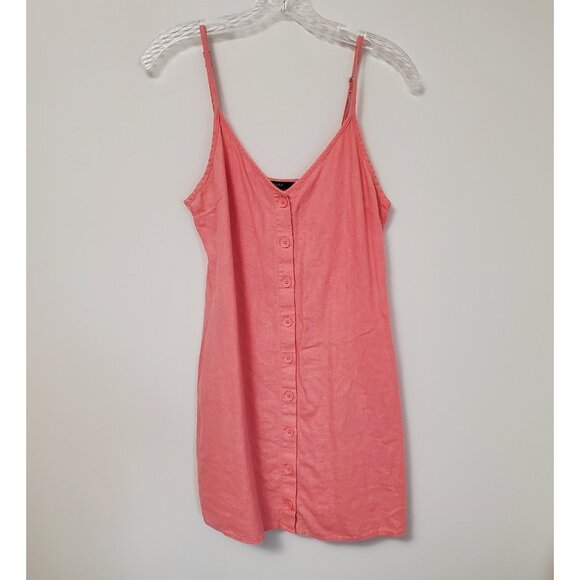 Forever 21 Womens Dress Sz M Coral Orange Button Front Mini Linen Blend Strappy - Picture 16 of 16